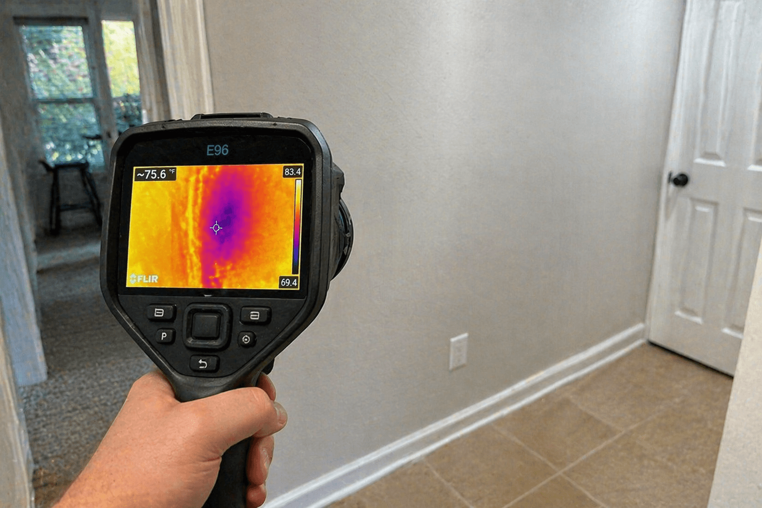 Inspector using thermal infrared camera to detect hidden moisture and heat loss behind walls during home inspection